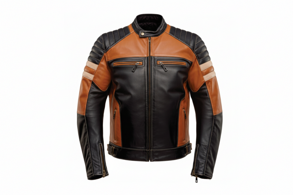 Black and brown leather jacket with 'CRG' logo on a white background