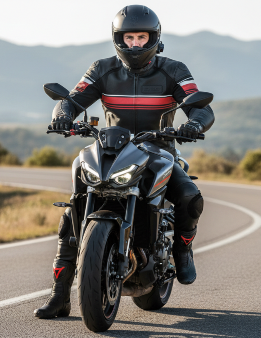 Person riding a motorcycle on a road with mountains in the background