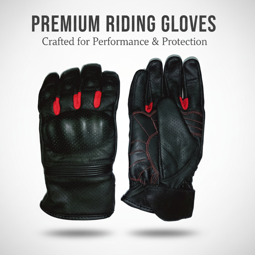 Pair of black riding gloves with red accents on a light gray background, featuring text about performance and protection.