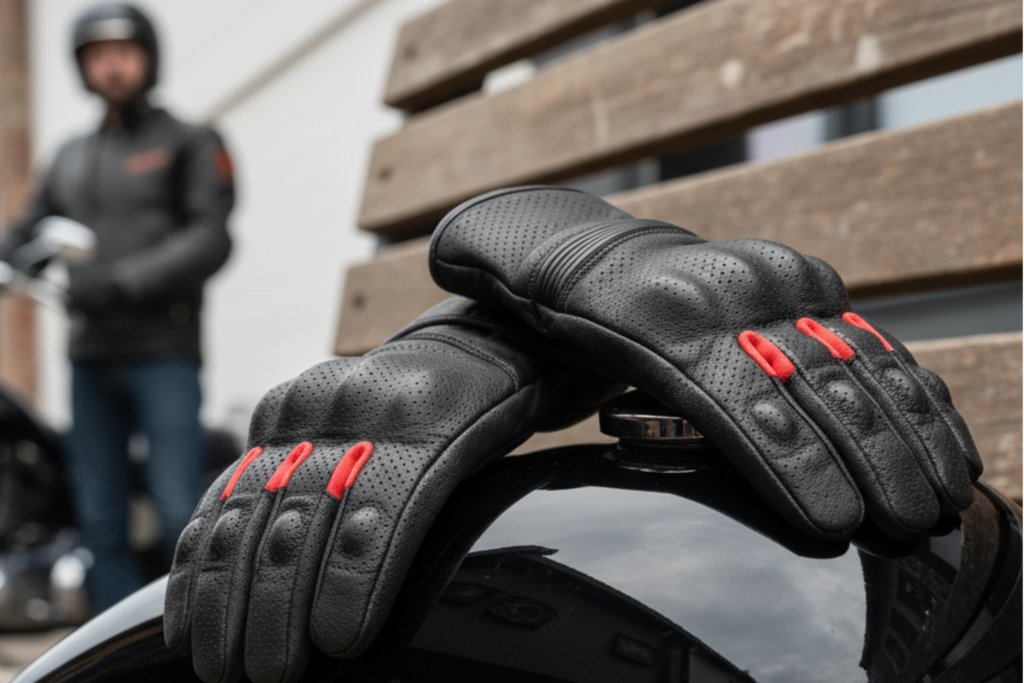 Black motorcycle gloves with red accents on a helmet, with a motorcycle and rider in the background.