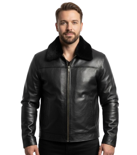 Men Sheep Skin Real Leather Jacket with Black Cat Furr Lining