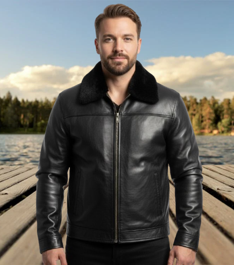 Men Sheep Skin Real Leather Jacket with Black Cat Furr Lining