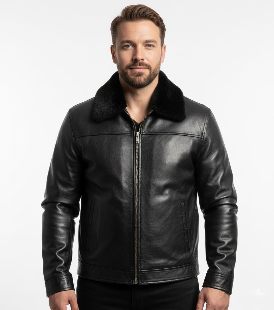 Men Sheep Skin Real Leather Jacket with Black Cat Furr Lining