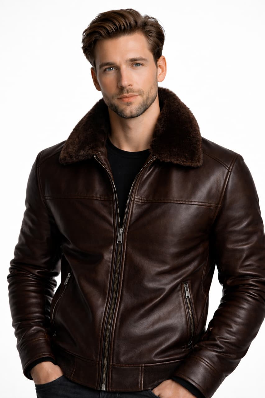 Men Sheep Skin Real Leather Jacket with Black Cat Furr Lining