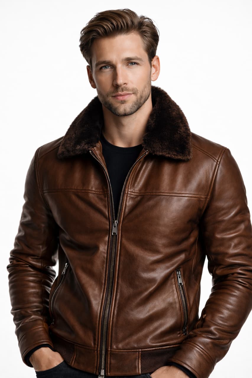 Men Sheep Skin Real Leather Jacket with Black Cat Furr Lining