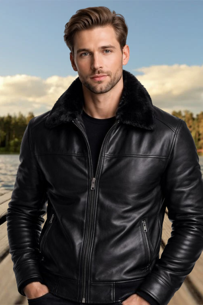Men Sheep Skin Real Leather Jacket with Black Cat Furr Lining