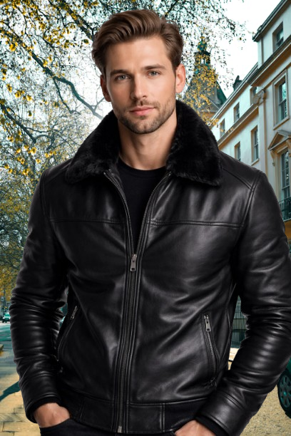 Men Sheep Skin Real Leather Jacket with Black Cat Furr Lining