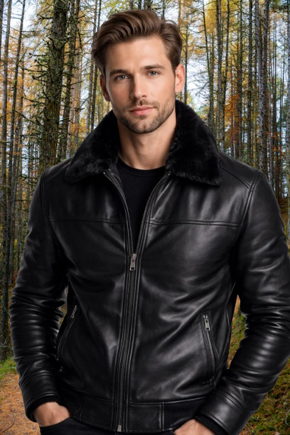 Men Sheep Skin Real Leather Jacket with Black Cat Furr Lining