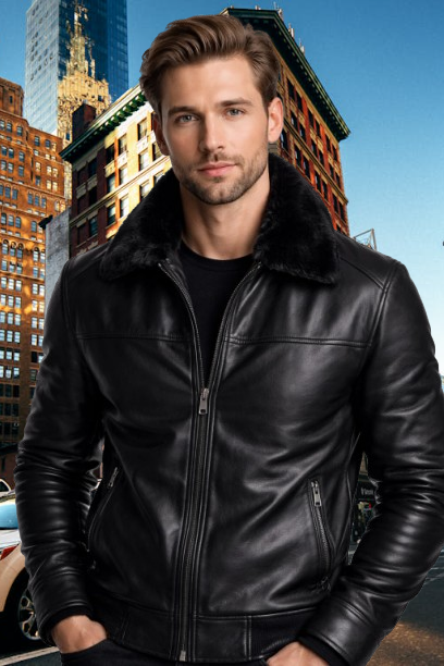 Men Sheep Skin Real Leather Jacket with Black Cat Furr Lining