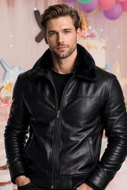 Men Sheep Skin Real Leather Jacket with Black Cat Furr Lining