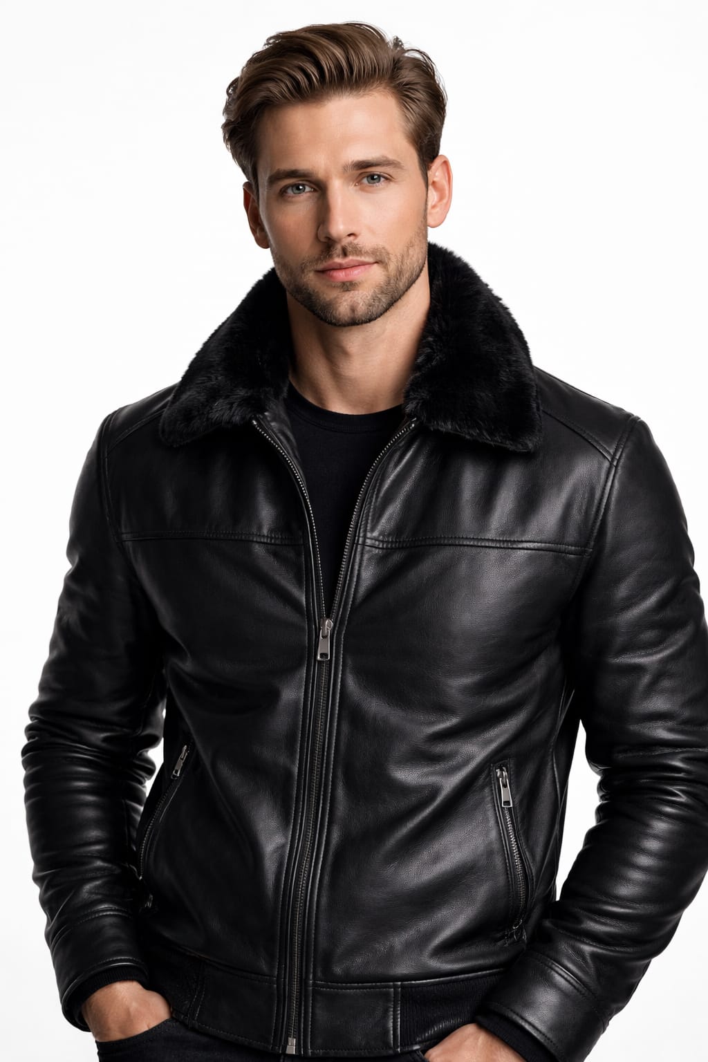 Men Sheep Skin Real Leather Jacket with Black Cat Furr Lining