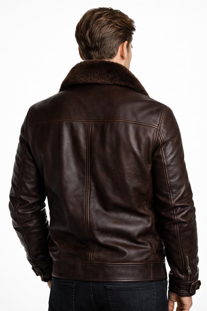 Men Sheep Skin Real Leather Jacket with Black Cat Furr Lining