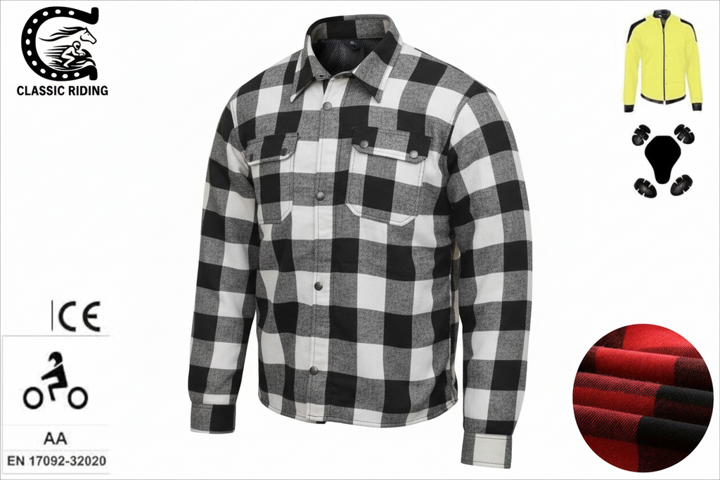 Red and black checkered shirt with Classic Riding logo and CE certification symbols on a white background.