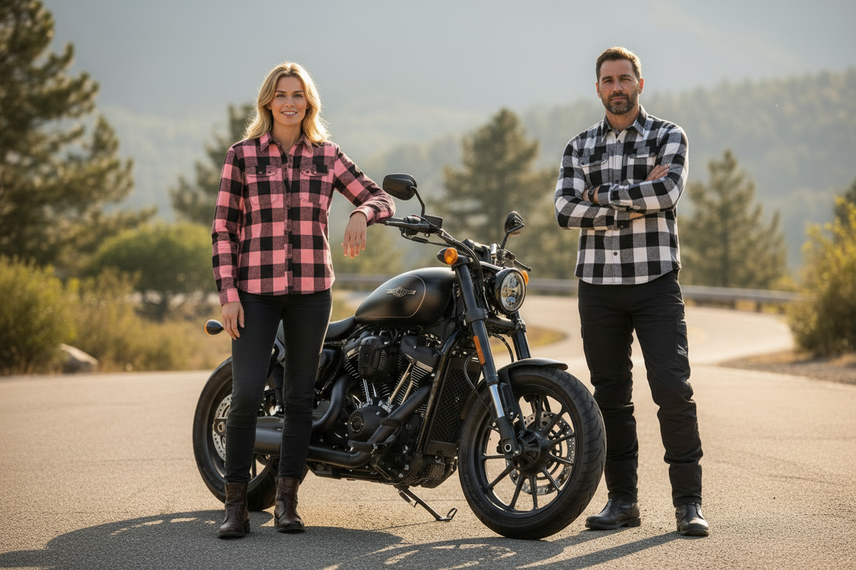 Two people standing next to a motorcycle on a scenic road with trees in the background