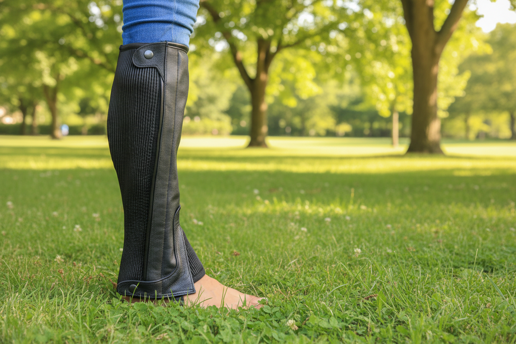 Black leather gaiter worn on a person's leg against a neutral background