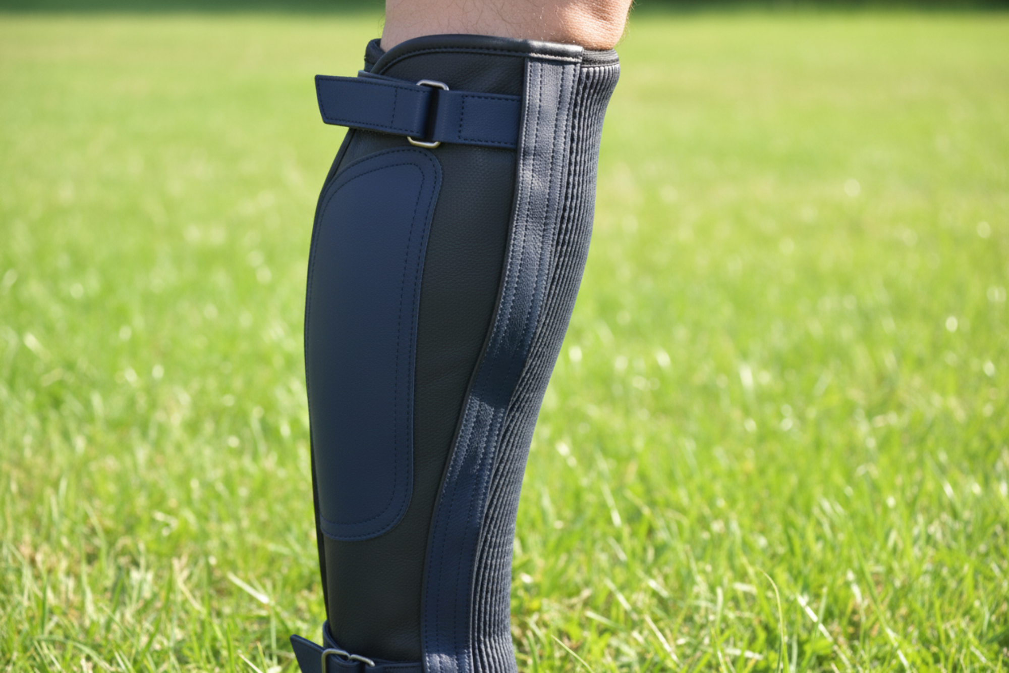 Person wearing black equestrian leg guards on a grassy field