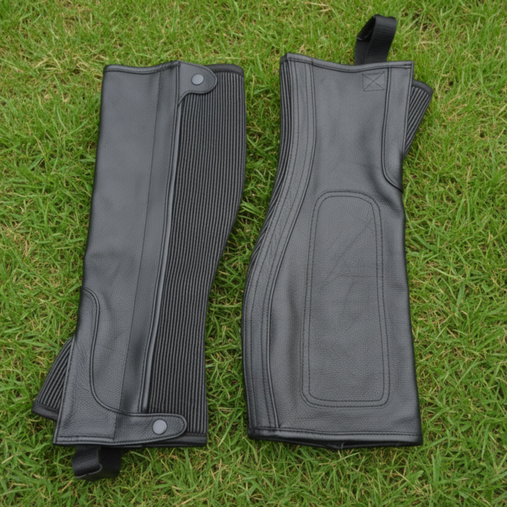 Two black protective leg covers on a grassy background