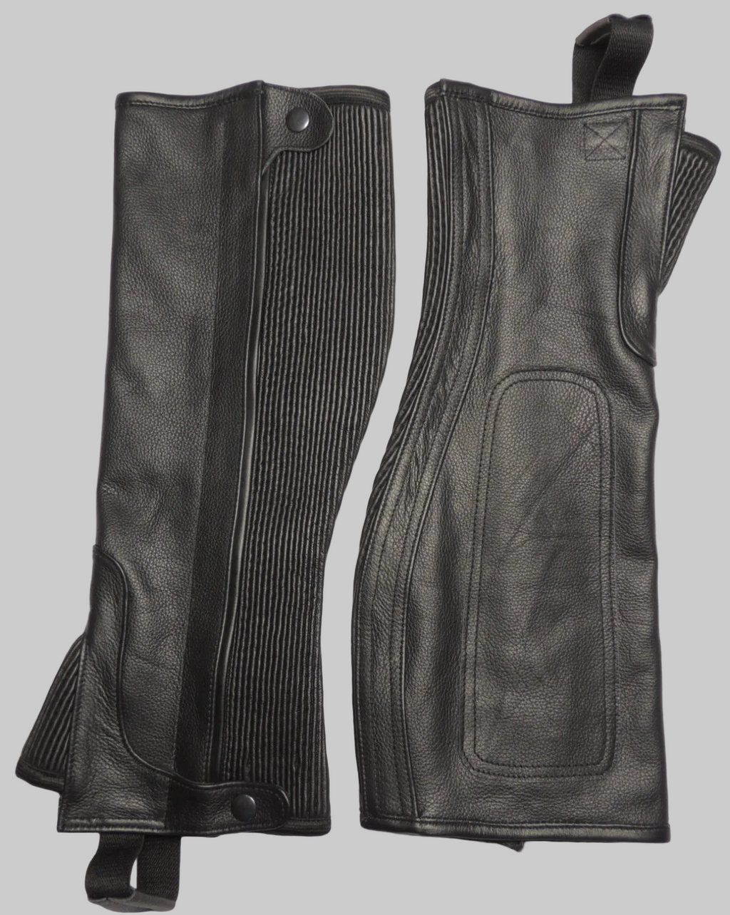 Pair of black leather riding gloves on a white background