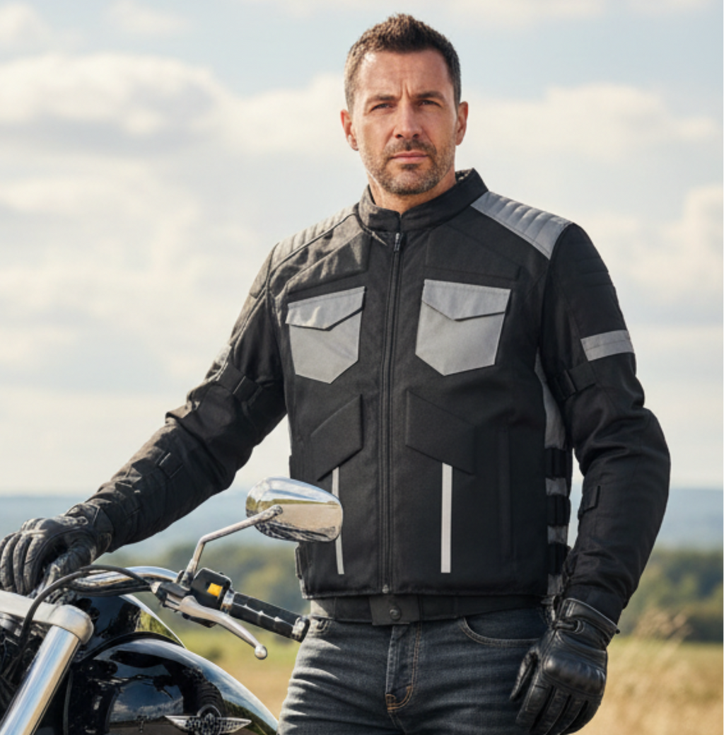 Man in a black motorcycle jacket standing next to a motorcycle on a road with a scenic background.