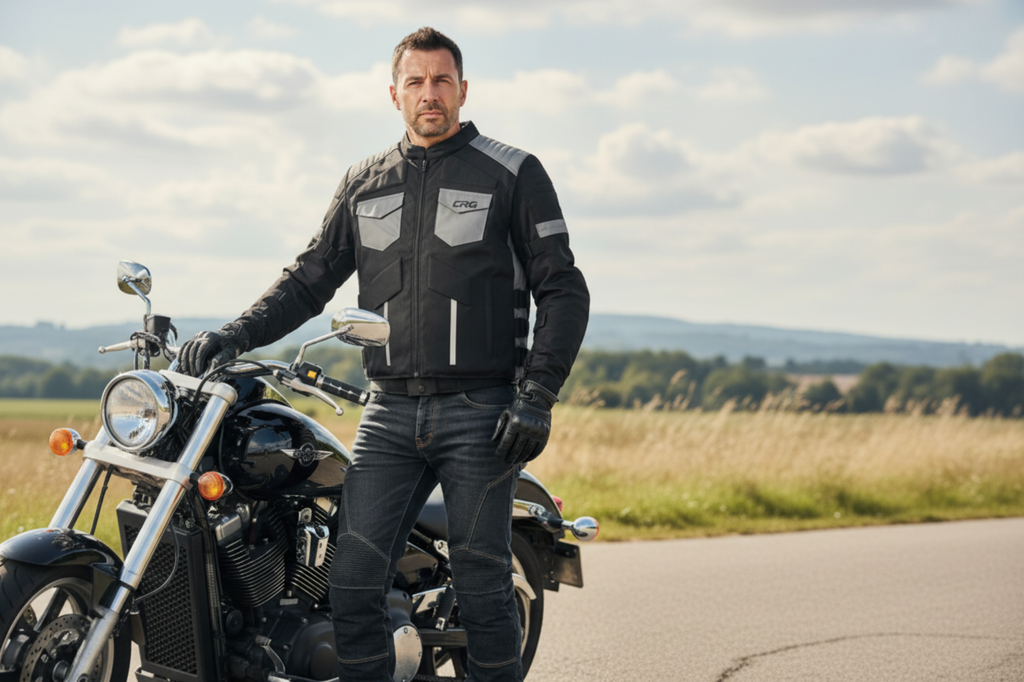Man in a black motorcycle jacket standing next to a motorcycle on a road.