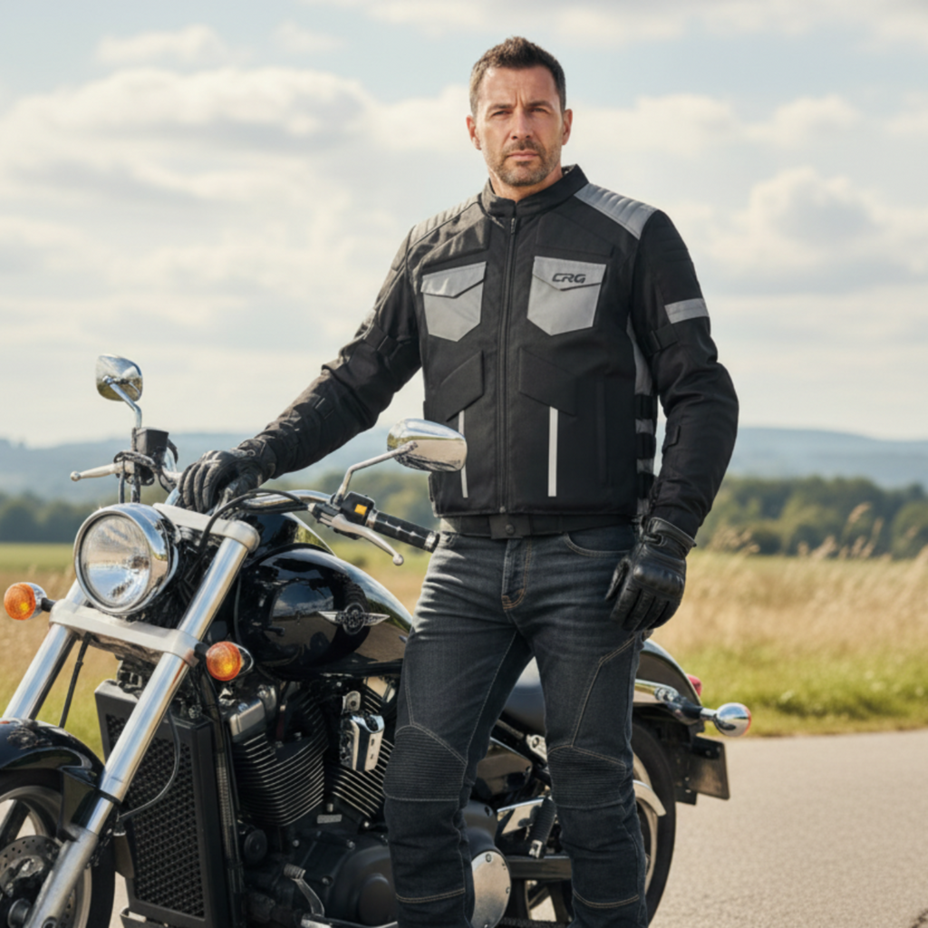 Man in a black leather jacket standing next to a motorcycle on a road with a scenic background.