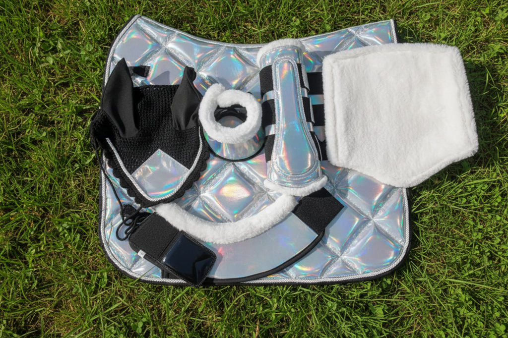 Holographic saddle pad with black straps and white padding on a gray background