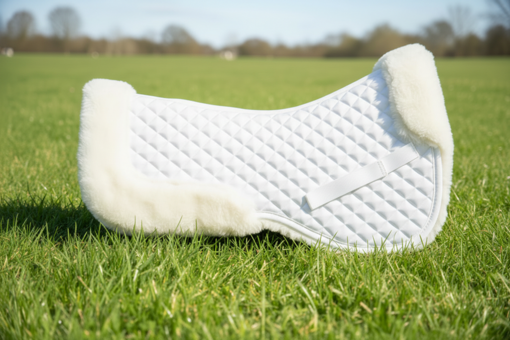 White quilted saddle pad on grass with a blurred background