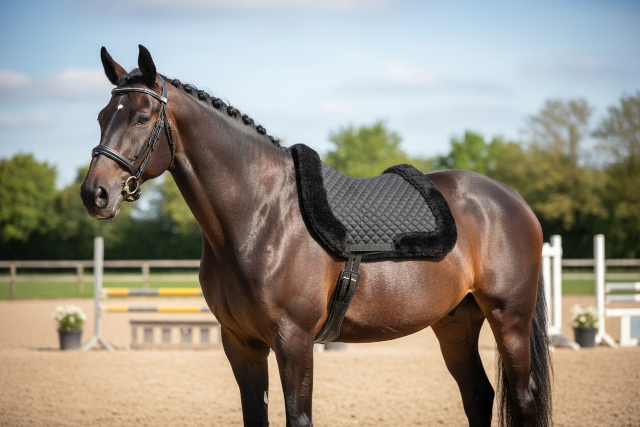 Black quilted saddle pad with fur trim on a grassy field