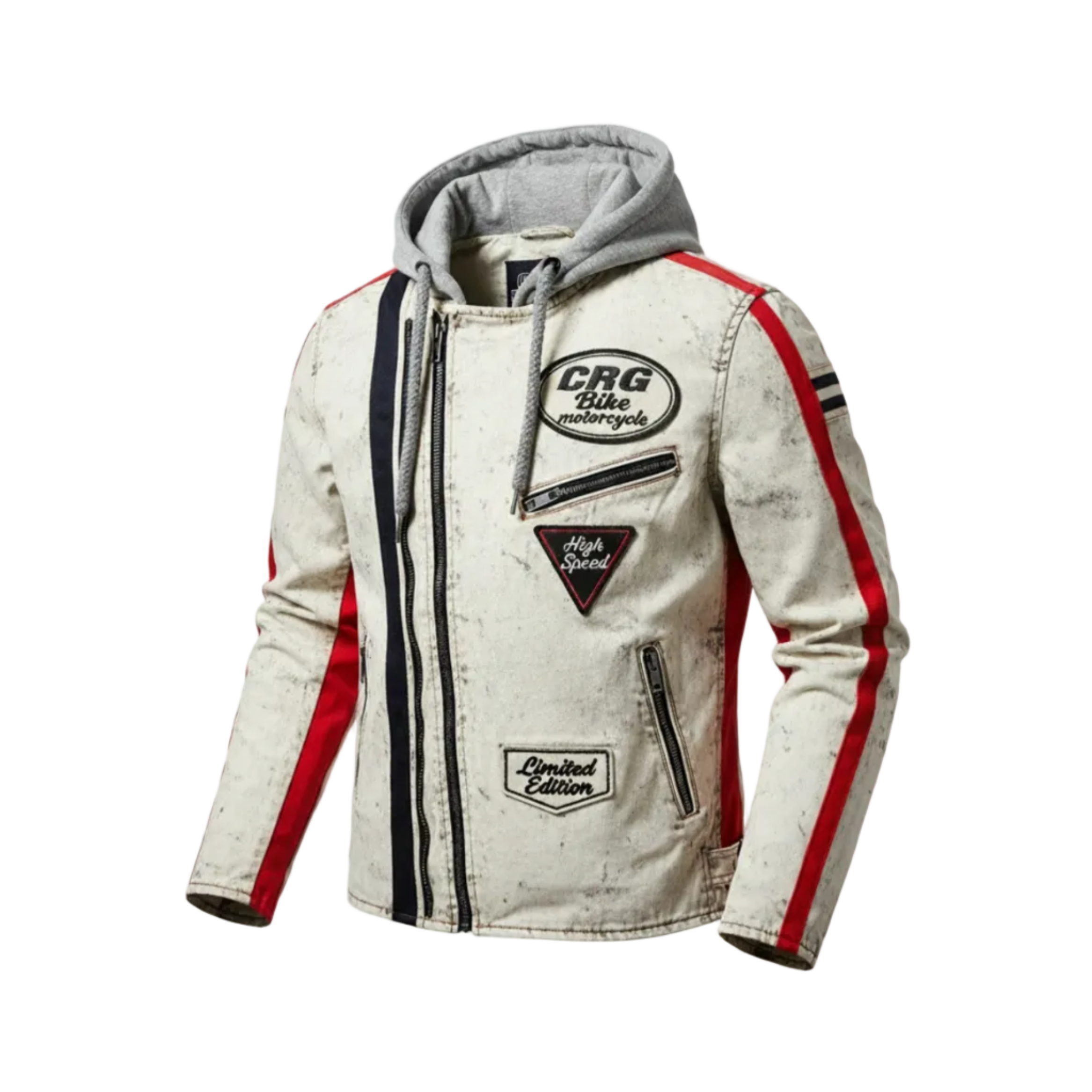 Men Biker Leather Jacket with Hood Brando Style Antique Grey