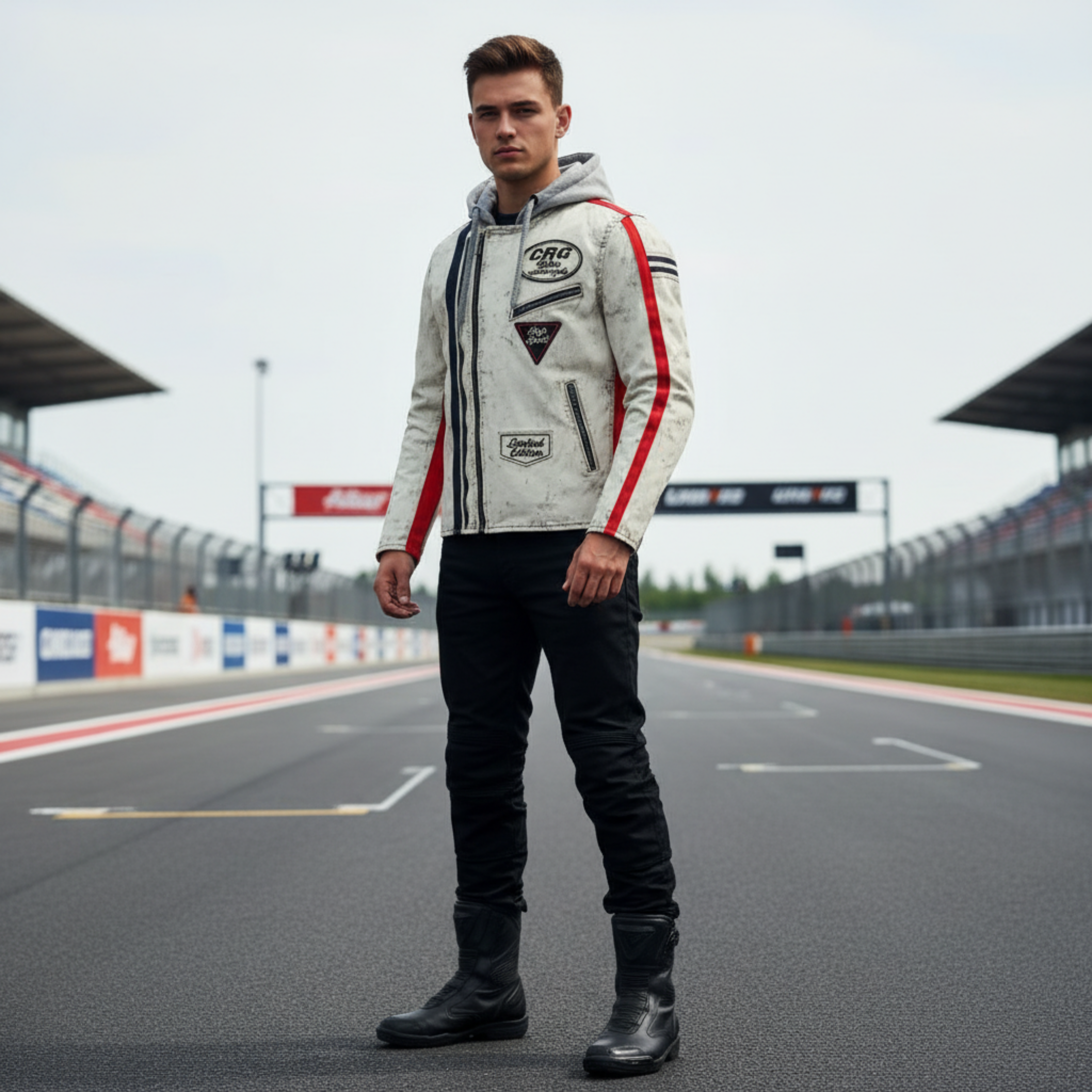 White hoodie with red and black accents and visible branding on a dark background