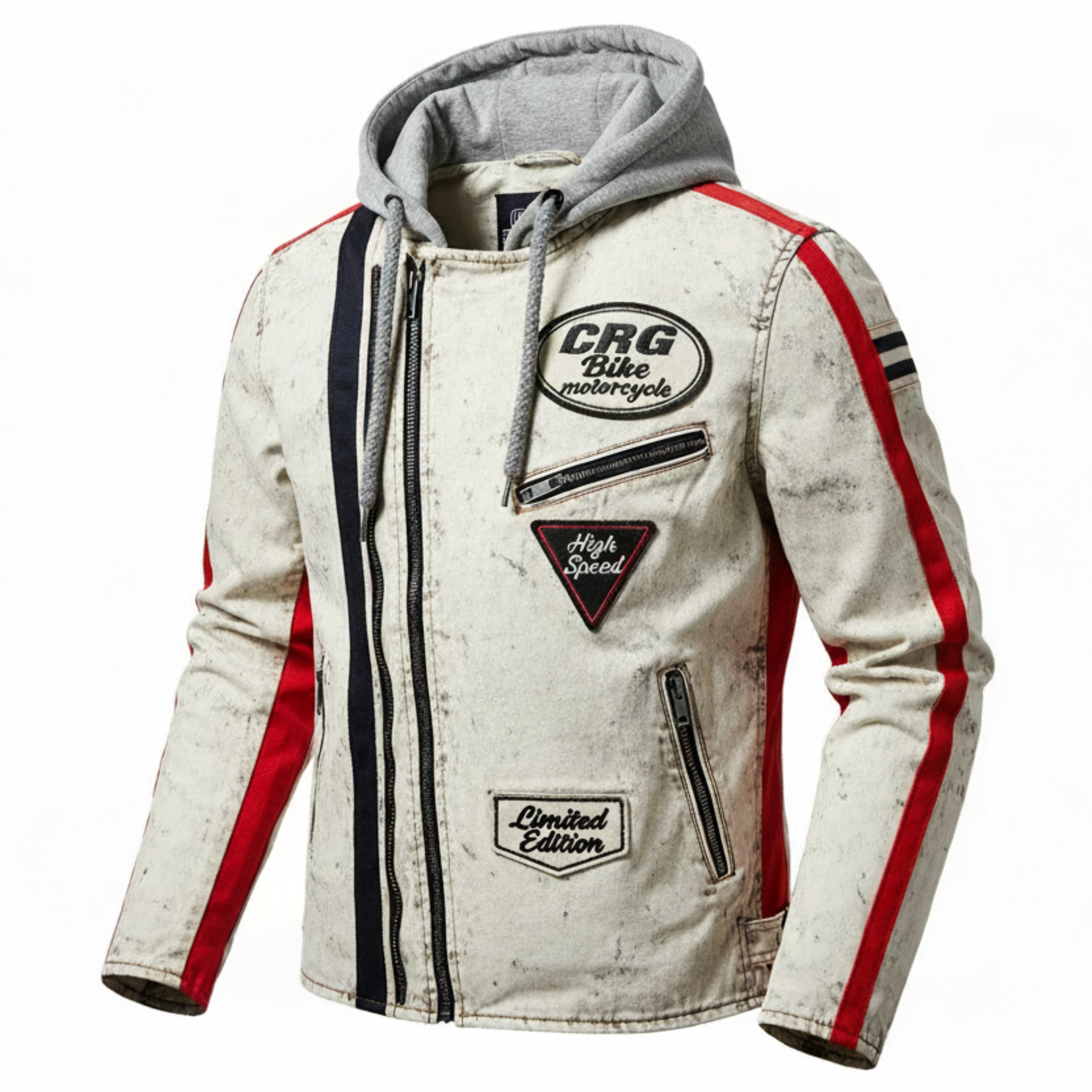 Men Biker Leather Jacket with Hood Brando Style Antique Grey