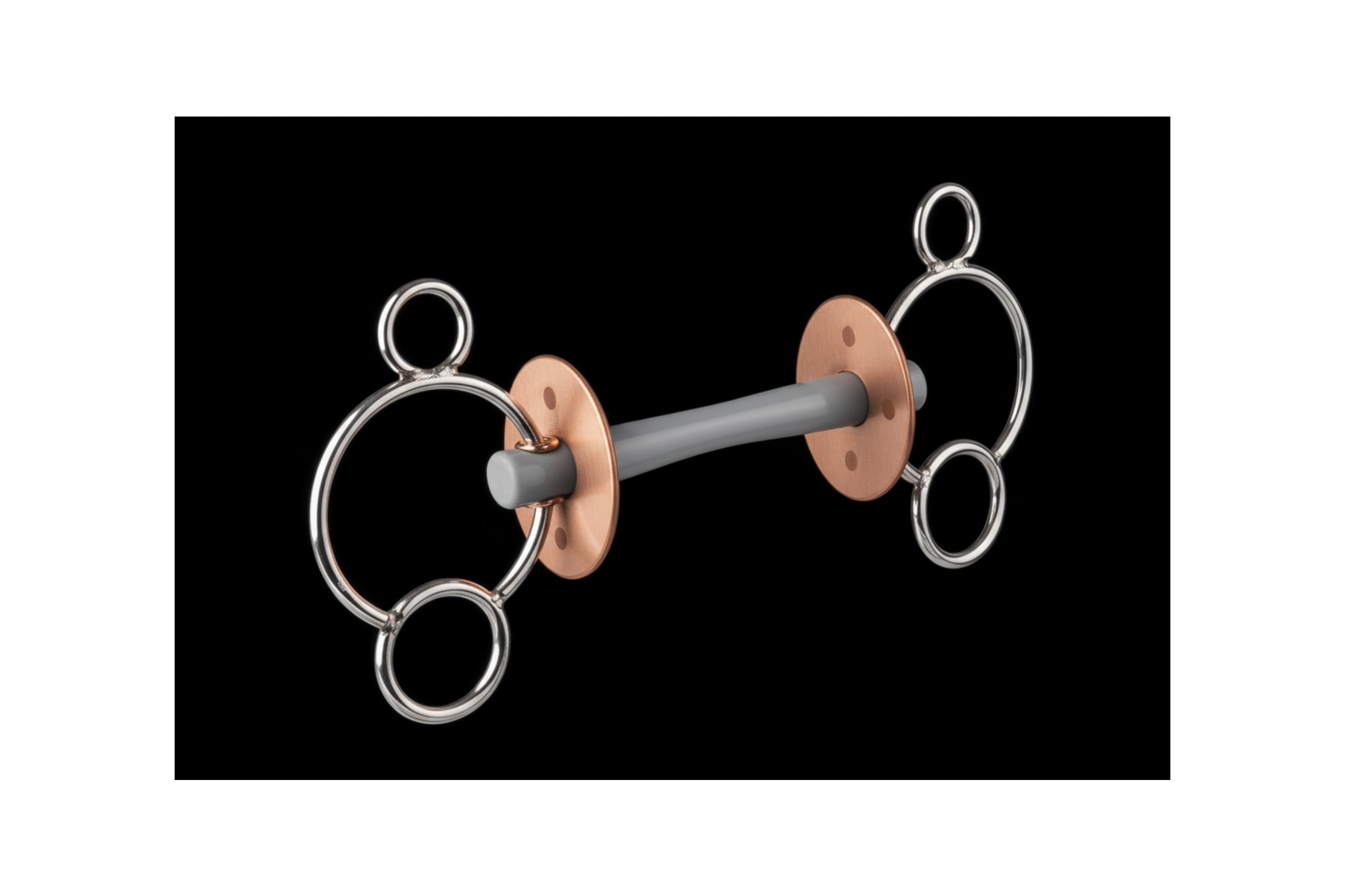 Horse bridle bit with metal rings on a white background