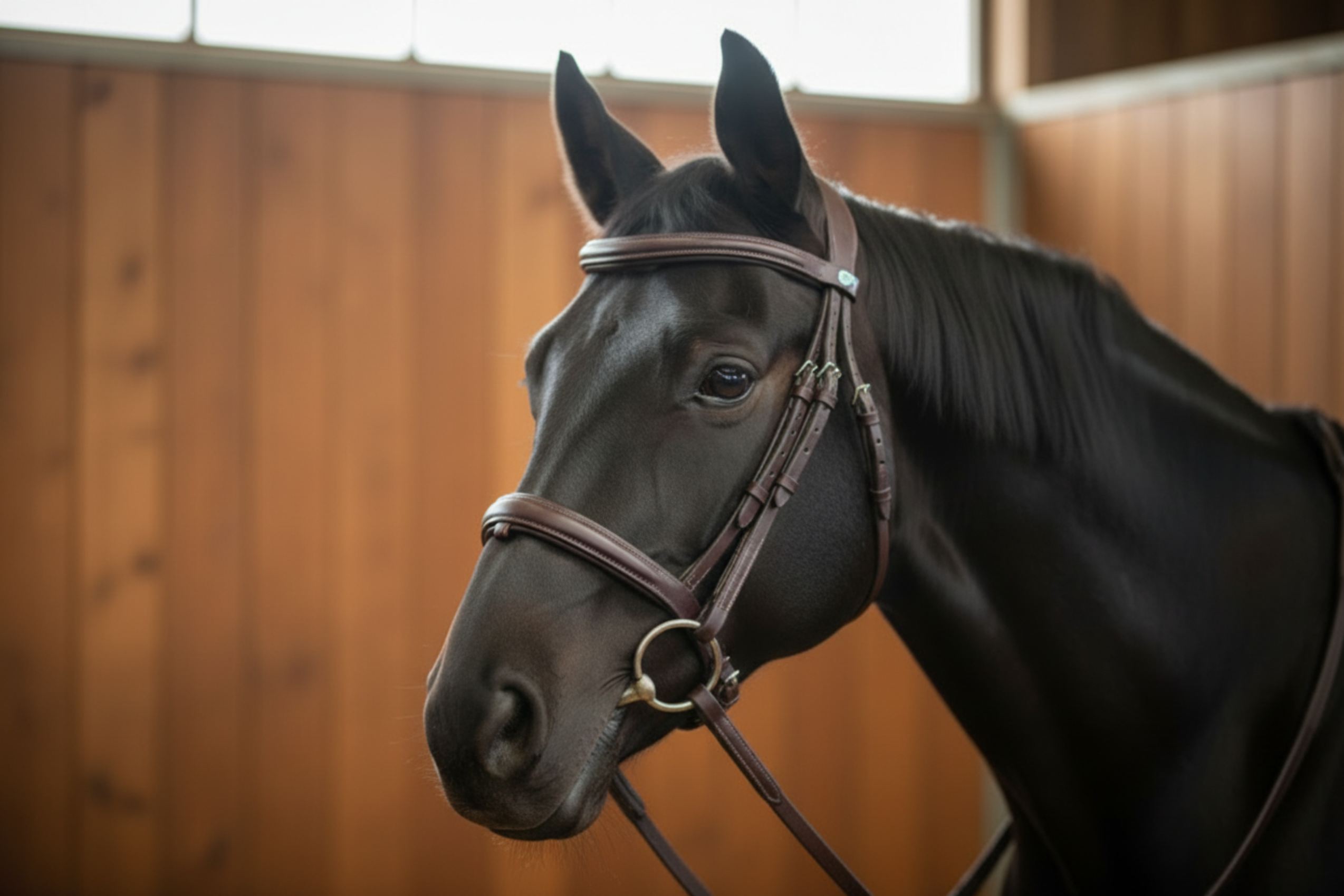 Black horse wearing a bridle in a stable setting