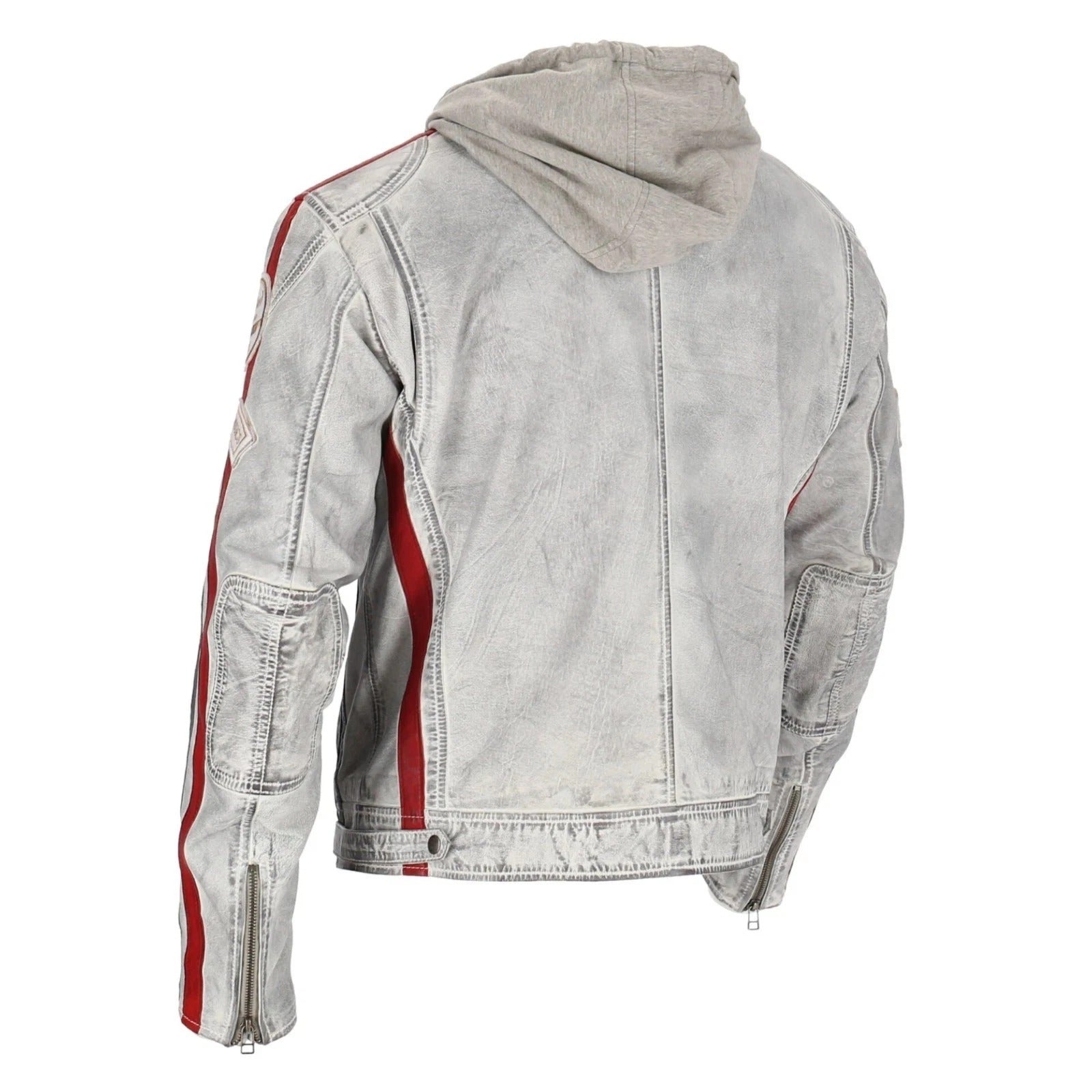 Light gray denim jacket with red accents on a white background