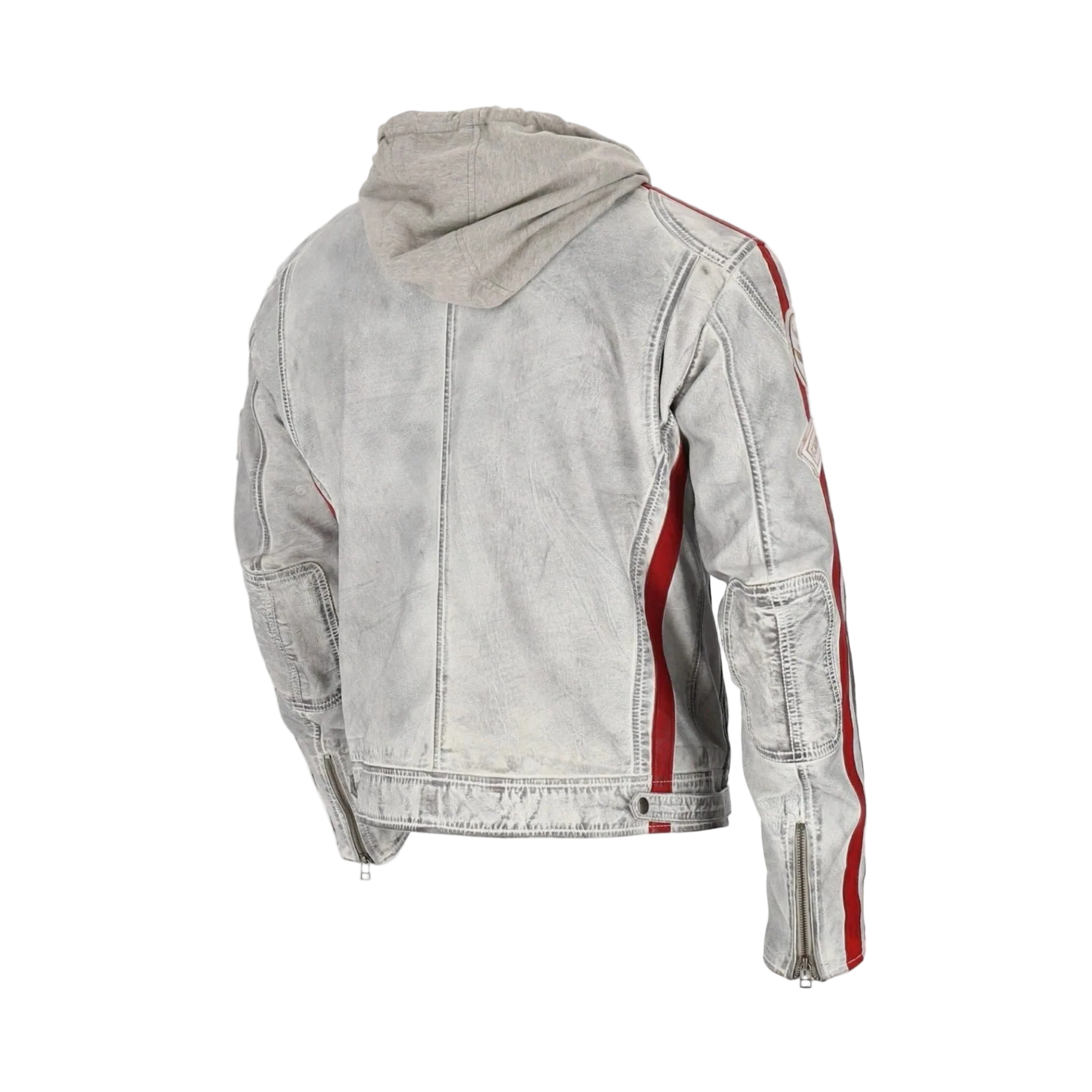 Gray Lamb Leather jacket with red accents on a white background