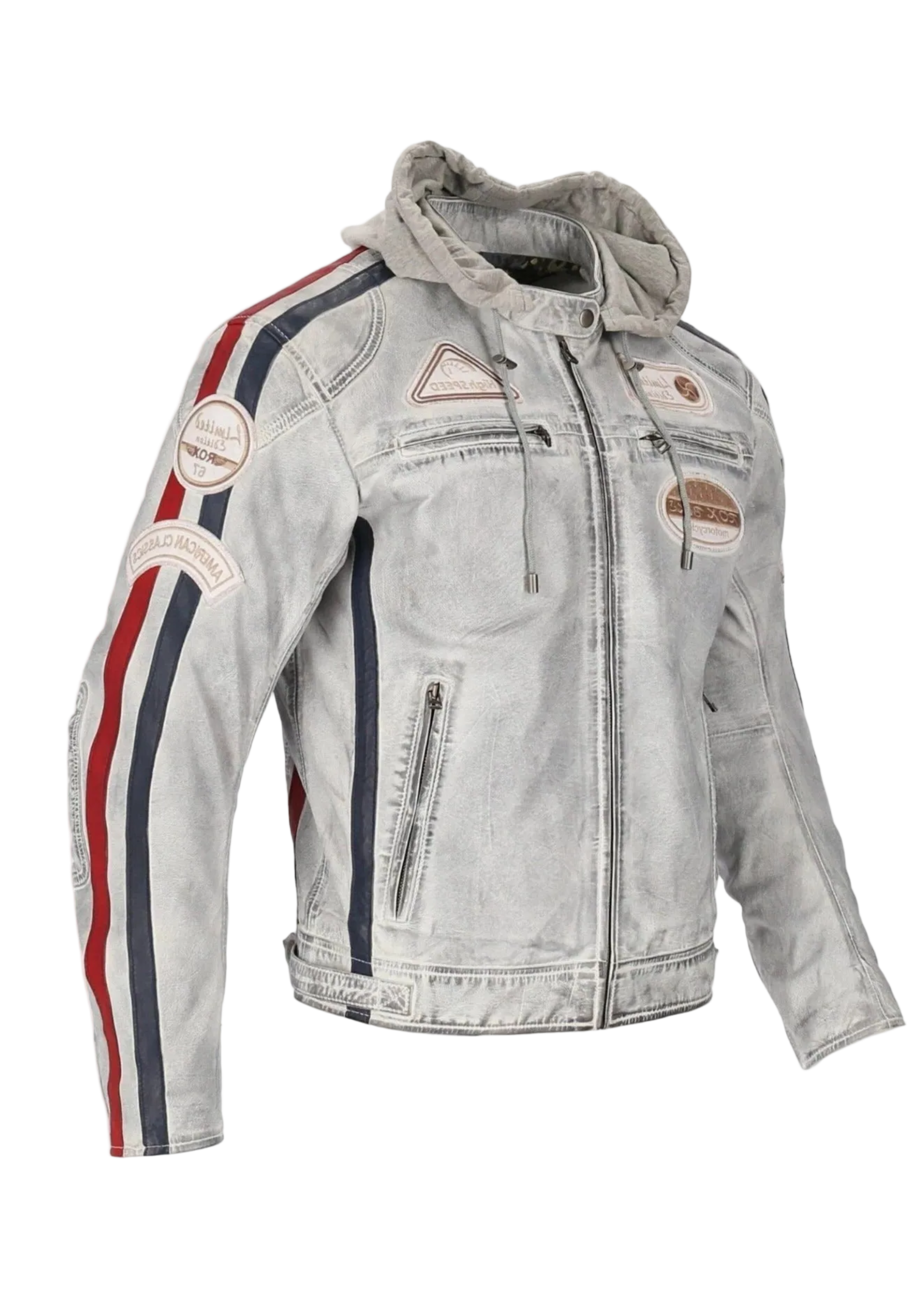 Men Biker Leather Jacket with Hood Street Biker Style Antique Grey