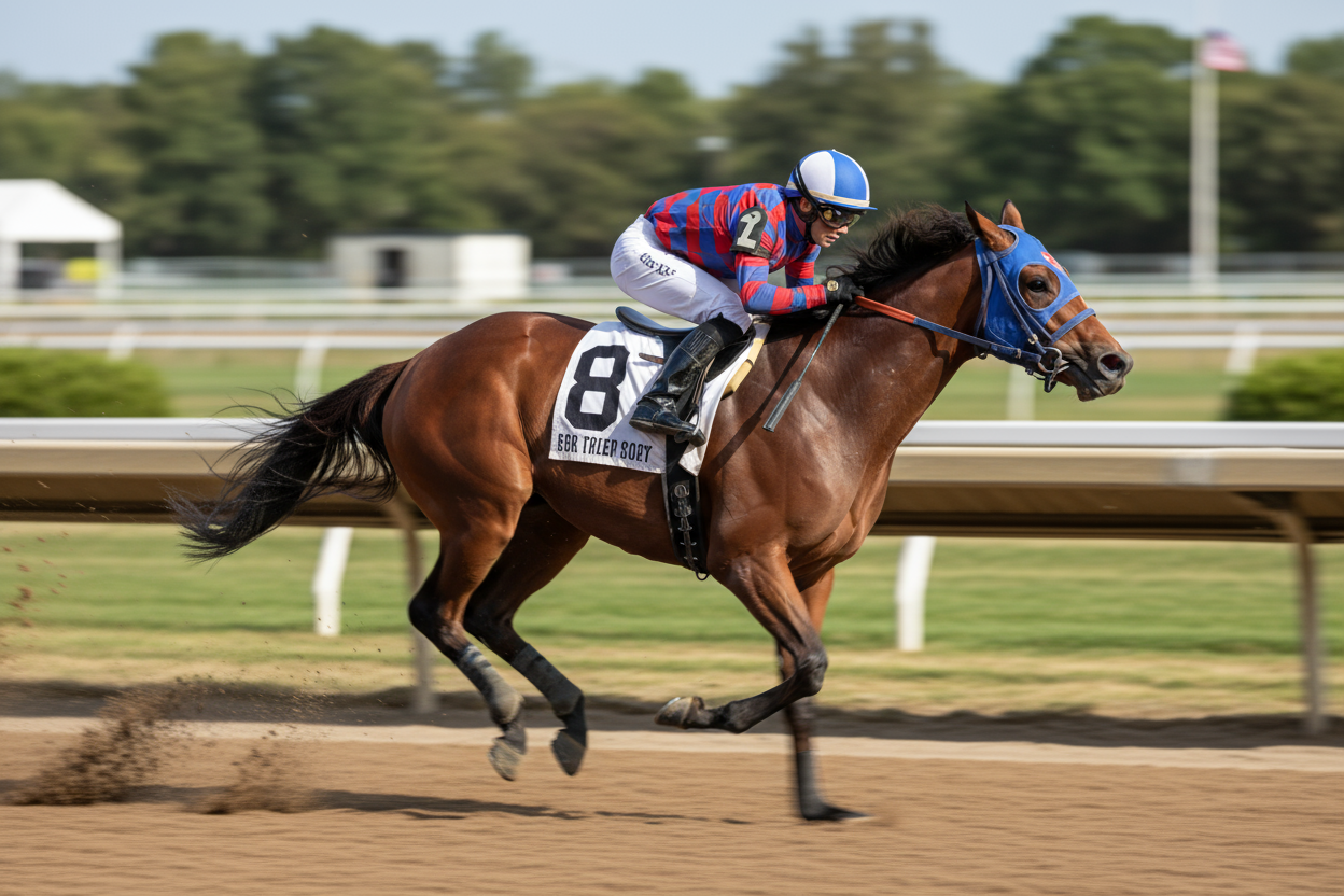 generate a horse running with saddle pad and leg pad and bonnet and jockey on him