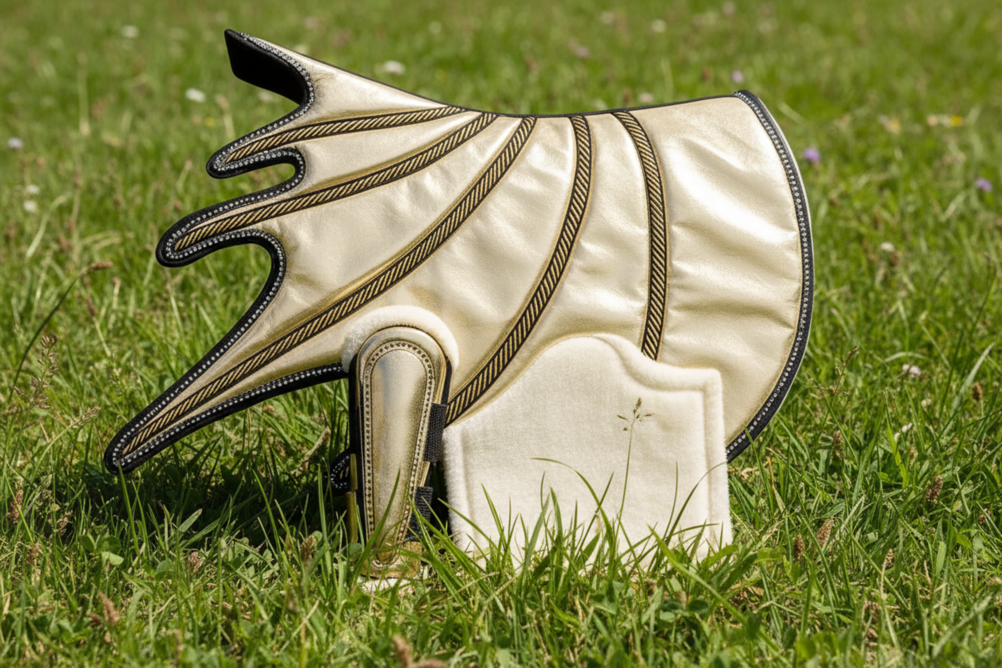 Classic Riding Gear Golden Horse Saddle Pad Set on a grassy filed 