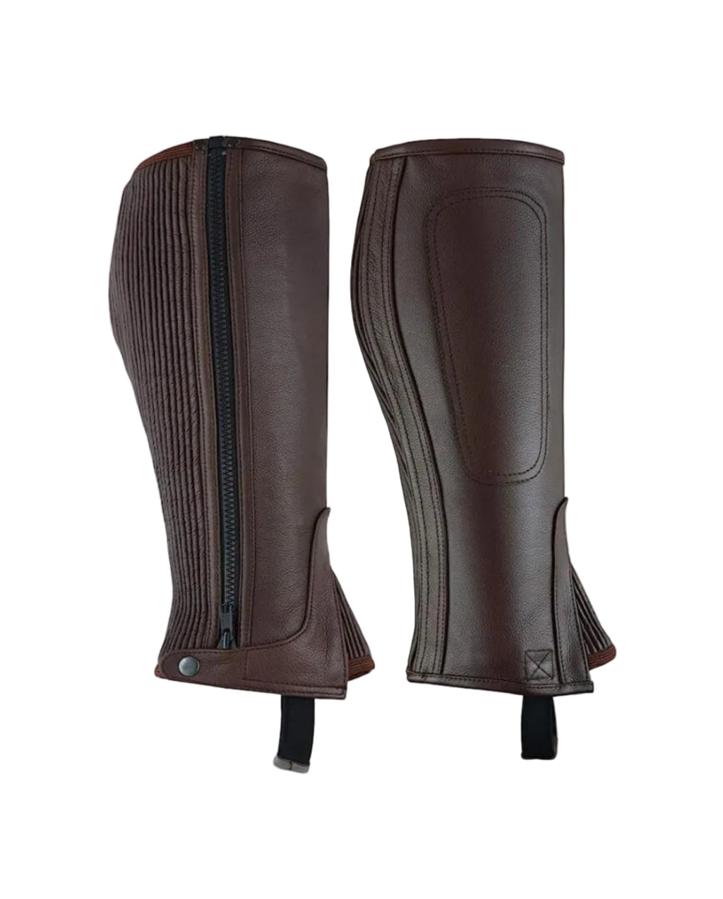 Pair of brown leather gaiters with zippers on a white background