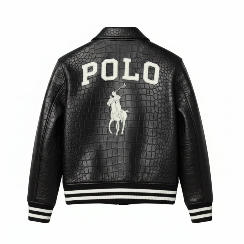 Black crocodile-textured leather jacket with 'Polo' branding on a white background