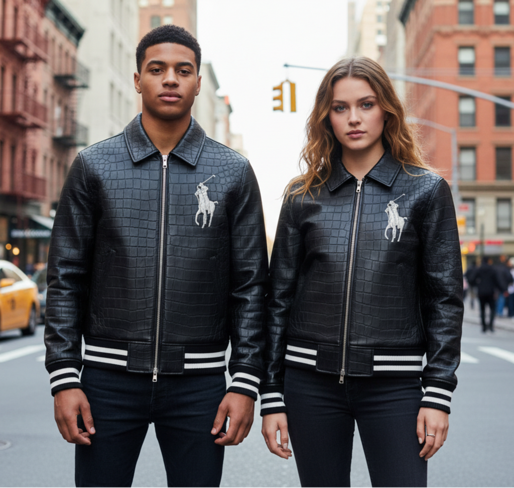 Black quilted leather jacket with Ralph Lauren logo on a white background