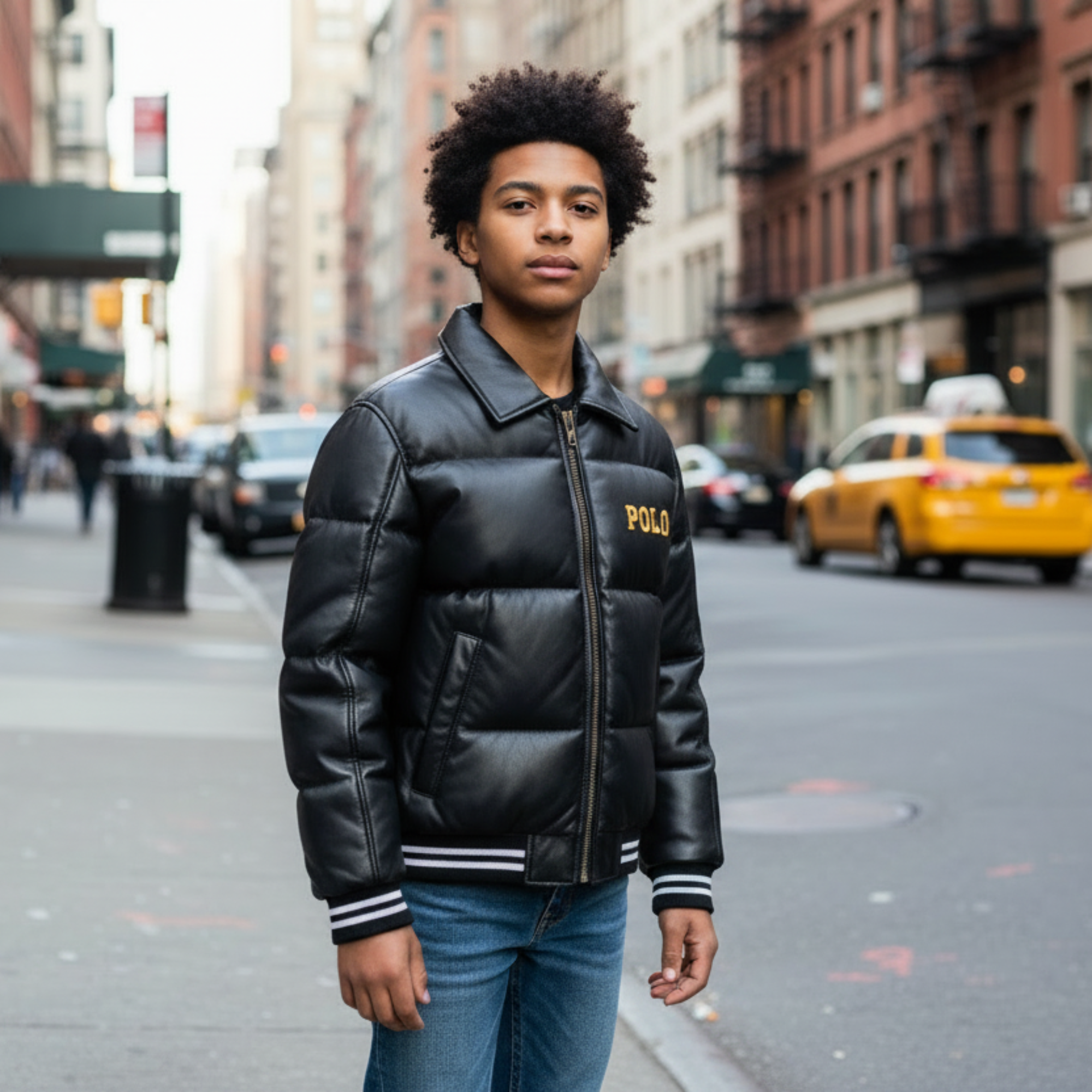 Person wearing a black leather jacket with 'Polo' branding on a city street.