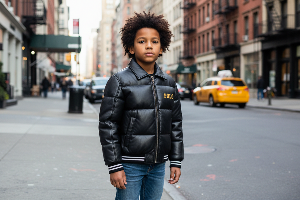 Child wearing a black puffer jacket with 'Polo' branding on a city street.