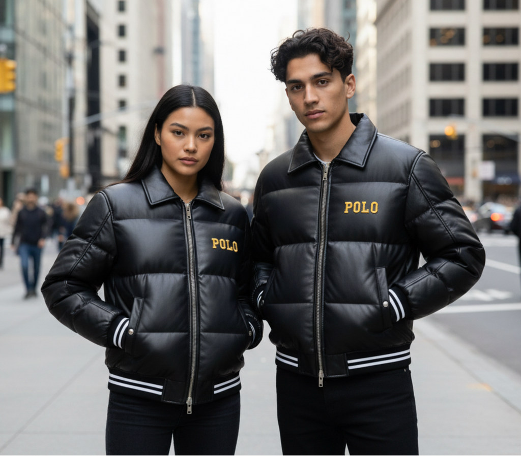 Two people wearing black puffer jackets with 'Polo' branding on a city street.