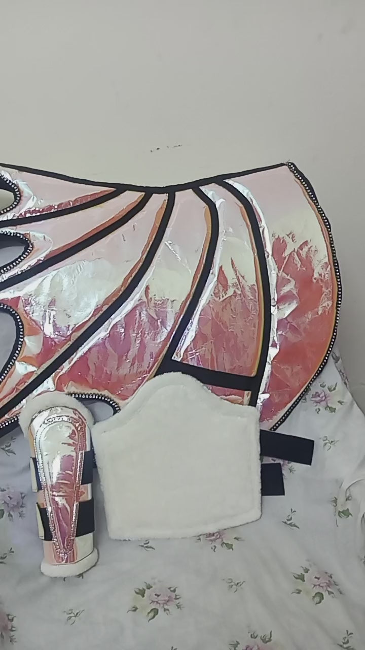 Golden Horse Dragon Saddle Pad, Ear Bonnet & Horse Boot Set